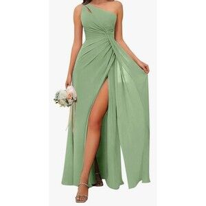Bolodoo One Shoulder Slit Keyhole Neck Ruched Chiffon Bridesmaid Dress Green 14